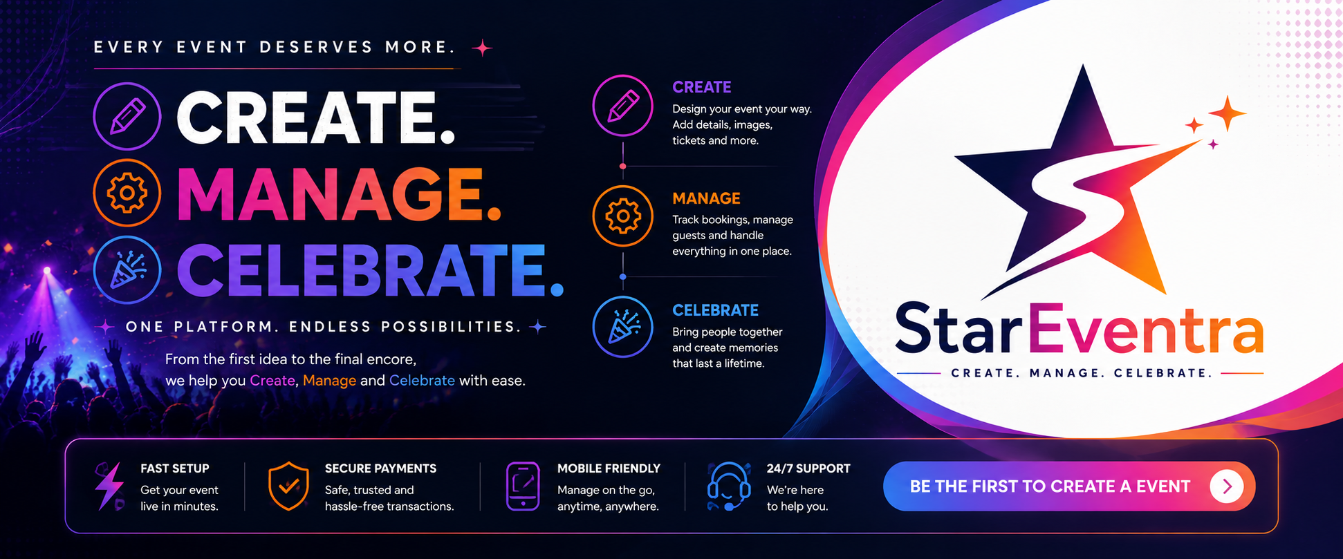 Create. Manage. Celebrate. One platform, endless possibilities — fast setup, secure payments, mobile friendly and 24/7 support.